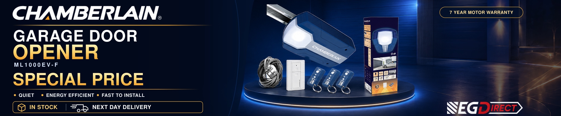 Chamberlain garage door opener ML1000EV-F, special price from EGDirect. Quiet, energy effiecient, fast to install. 7 year motor warranty. In stock, next day delivery.