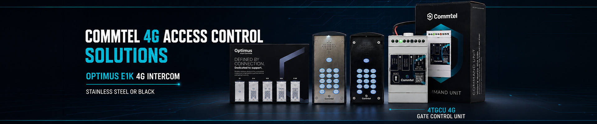Commtel 4G access control solutions. Optimus E1K 4G intercom, stainless steel or black.