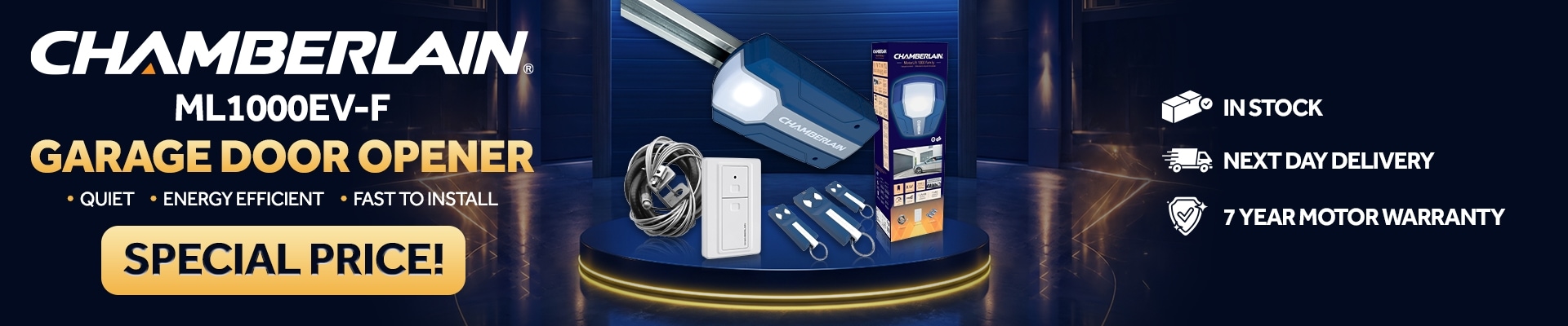 Chamberlain garage door opener ML1000EV-F, special price from EGDirect. Quiet, energy effiecient, fast to install. 7 year motor warranty. In stock, next day delivery.